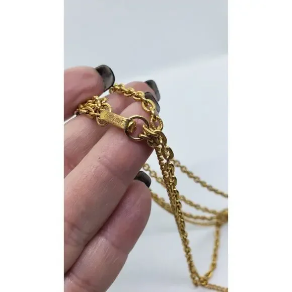 Vtg Pearl Pendant Necklace Tassel Triple Chain Gold Plated 70s Celebrity - Picture 9 of 10